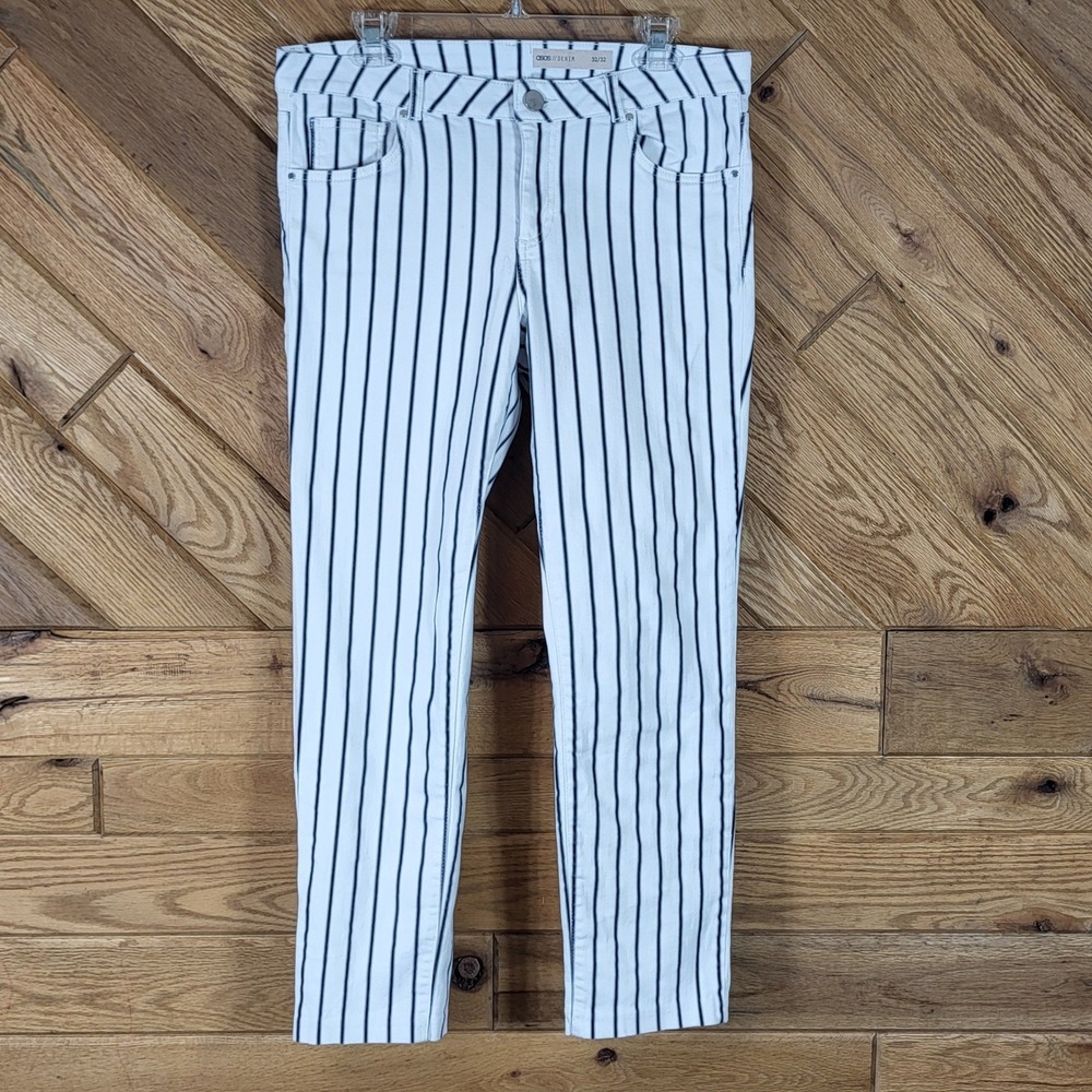 ASOS Denim Striped Pants Mens 32x32 Slim Fit Vertical Stripe White Black Grey